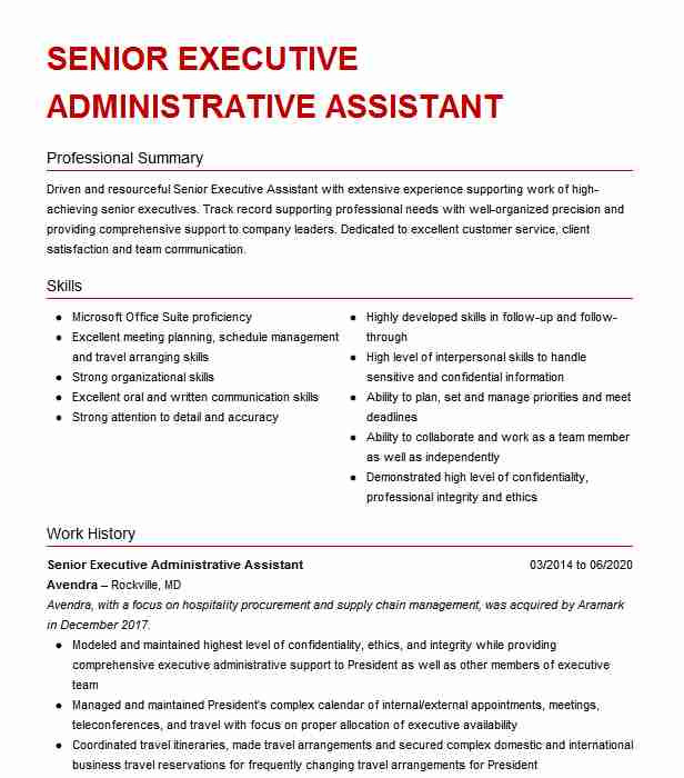 Sample Resume for Executive assistant to Senior Executive Senior Administrative assistant Executive assistant Resume