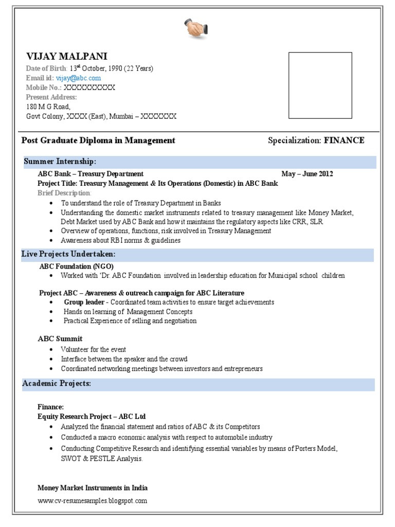 Sample Resume for Freshers Mba Finance and Marketing Resume format for Mba Finance Fresher Pdf Financial Markets …