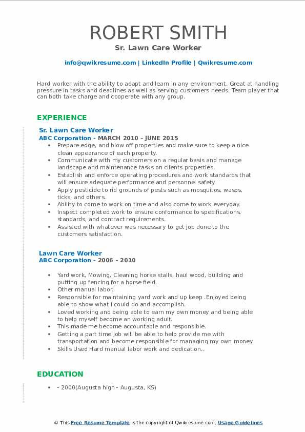 Sample Resume for Lawn Care Worker Lawn Care Worker Resume Samples