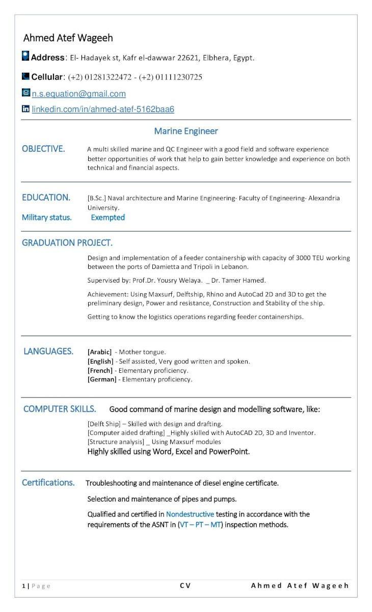 Sample Resume for Marine Engineering Cadet Marine Engineer Cv Sample Resume for Marine Engineering Cadet Marine Engineer Cv