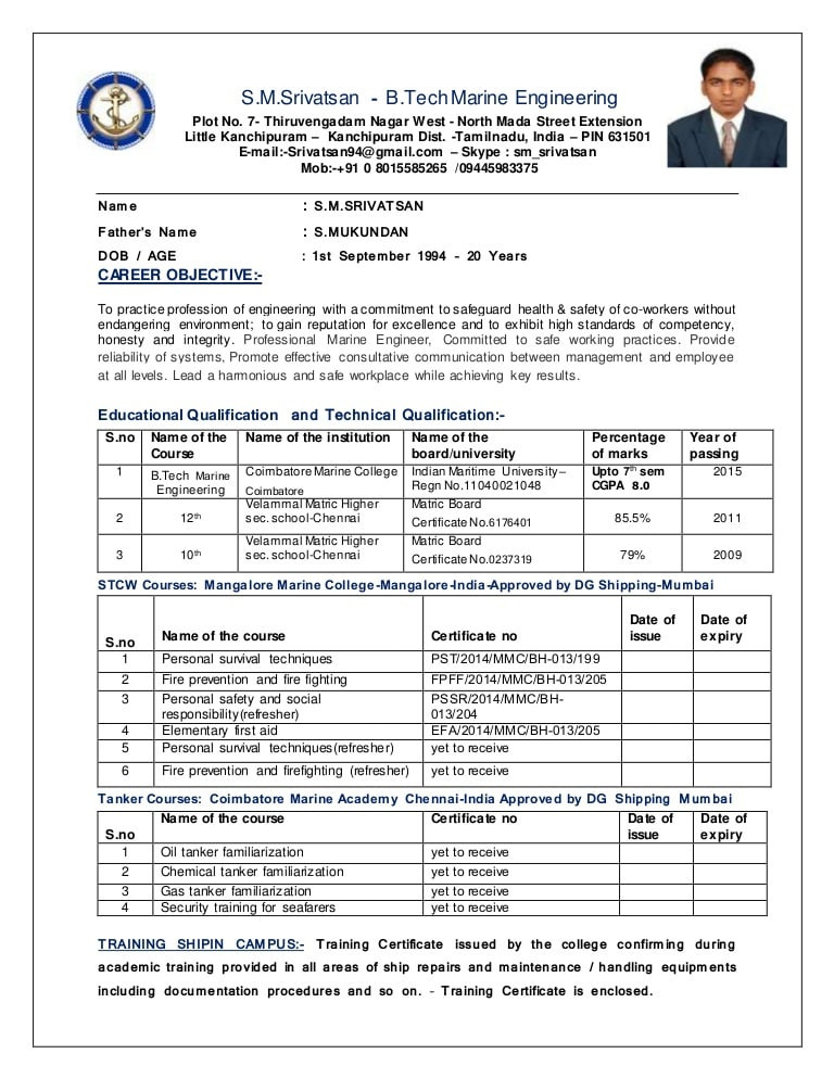 Sample Resume for Marine Engineering Cadet Srivatsan Cv Marine Engineering Revised Sample Resume for Marine Engineering Cadet Srivatsan Cv Marine Engineering Revised
