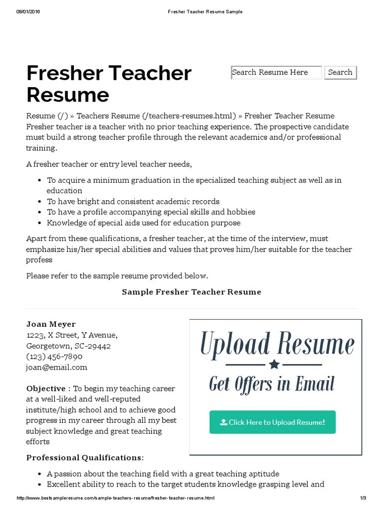 Sample Resume for Maths Teachers Freshers Fresher Teacher Resume Sample Résumé