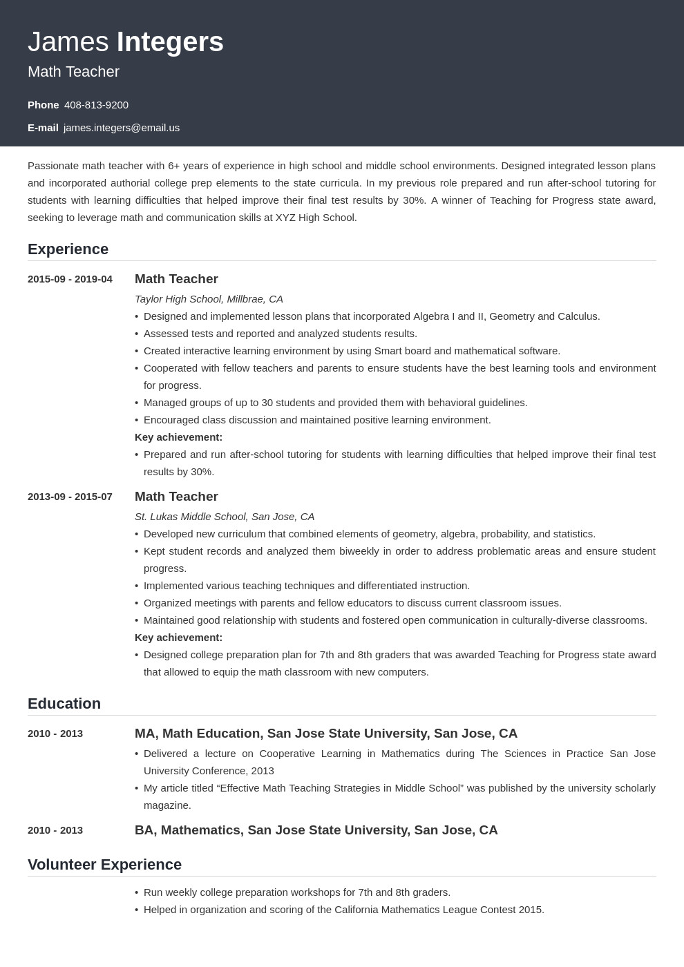 Sample Resume for Maths Teachers Freshers Math Teacher Resume Examples & Writing Guide [ Skills]