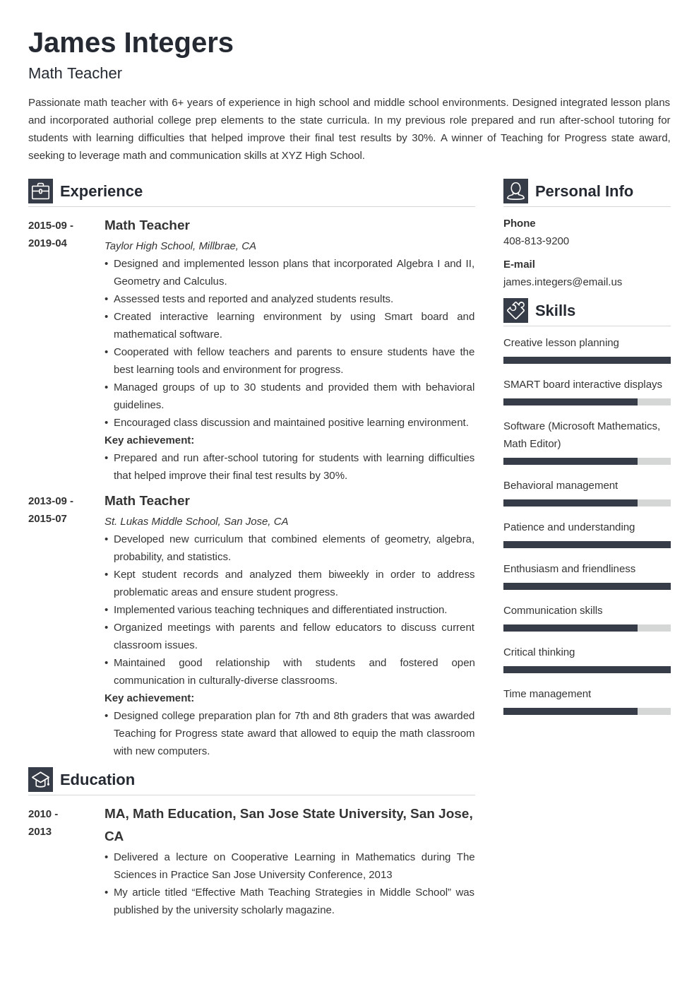 Sample Resume for Maths Teachers In India Math Teacher Resume Examples & Writing Guide [ Skills]