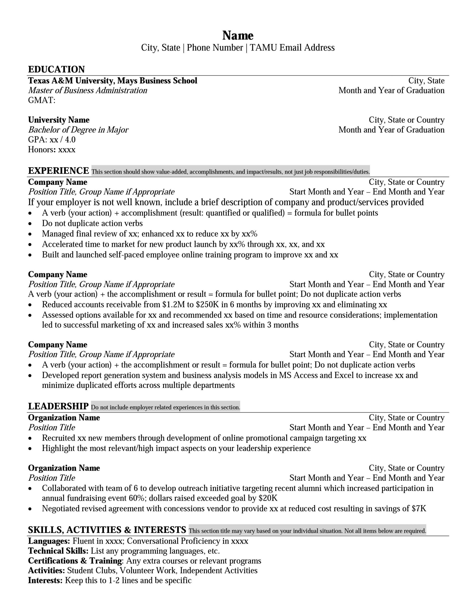 Sample Resume for Mba College Interview Mays Mba Resume format – Career Management Center