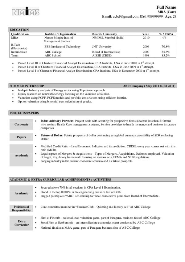 Sample Resume for Mba Freshers Pdf Cv format for Mba Freshers Free Download In Word Pdf