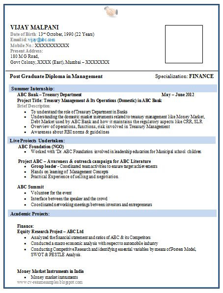 Sample Resume for Mba Freshers Pdf Resume format for Mba Finance Fresher 1