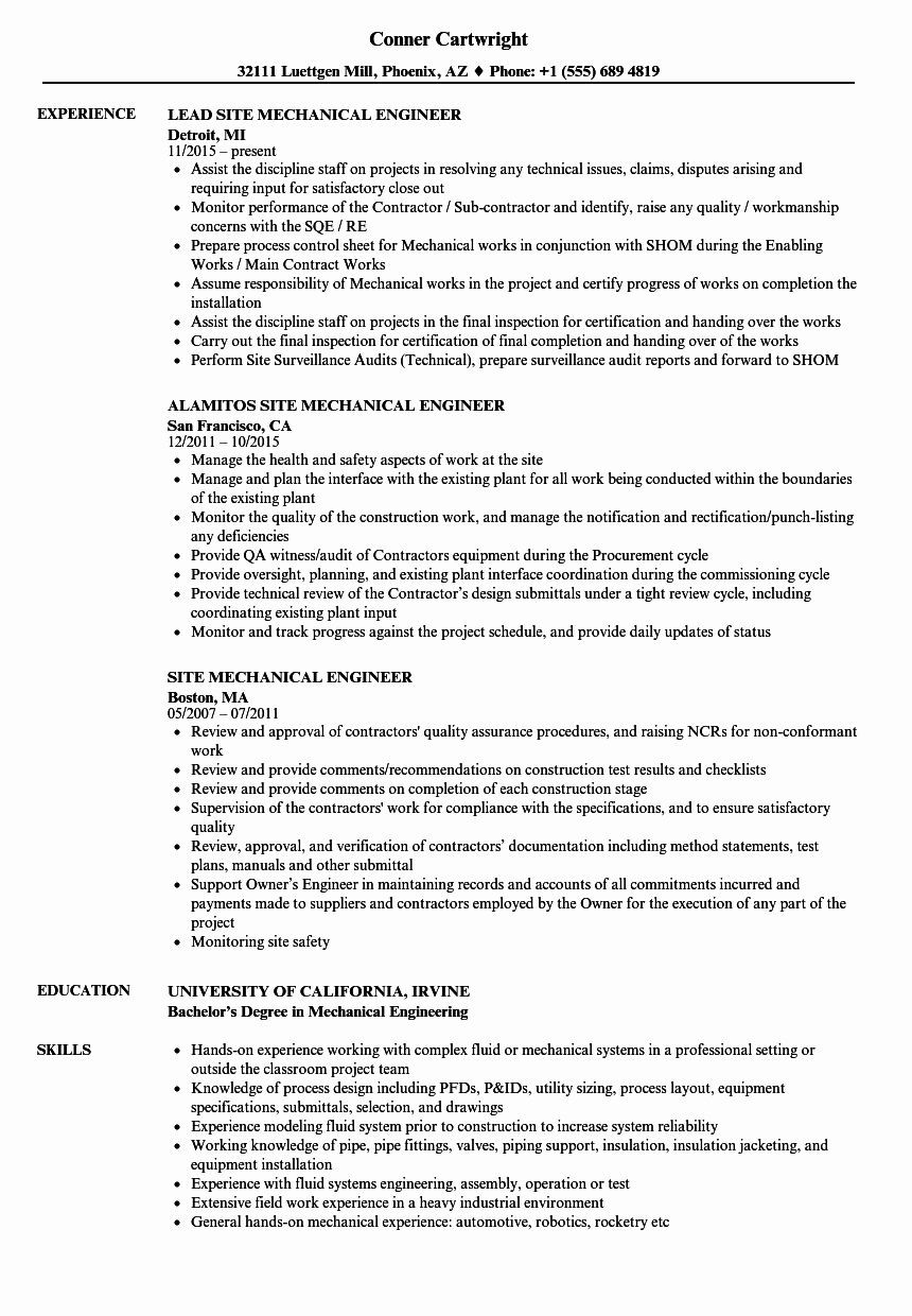 Sample Resume for Mechanical Engineer In Construction Mechanical Engineer Resume Sample Luxury Mechanical Site