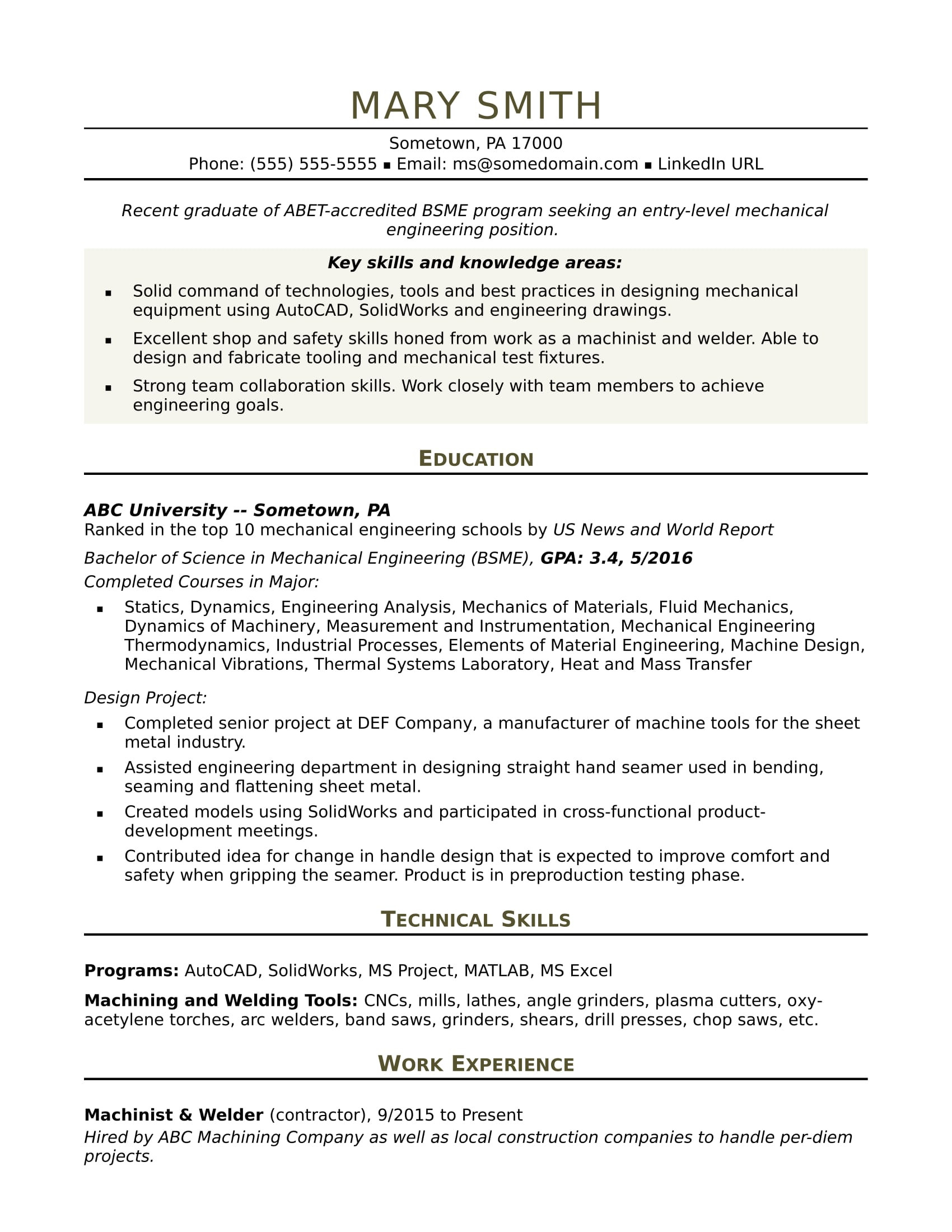 Sample Resume for Mechanical Engineer with Experience Sample Resume for An Entry Level Mechanical Engineer