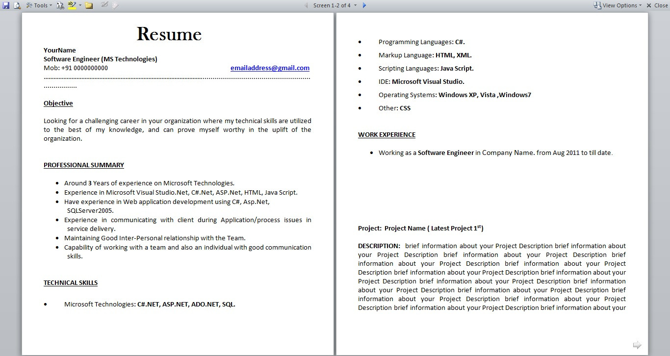 Sample Resume for Net Developer Fresher Resume format for Fresher and Experience