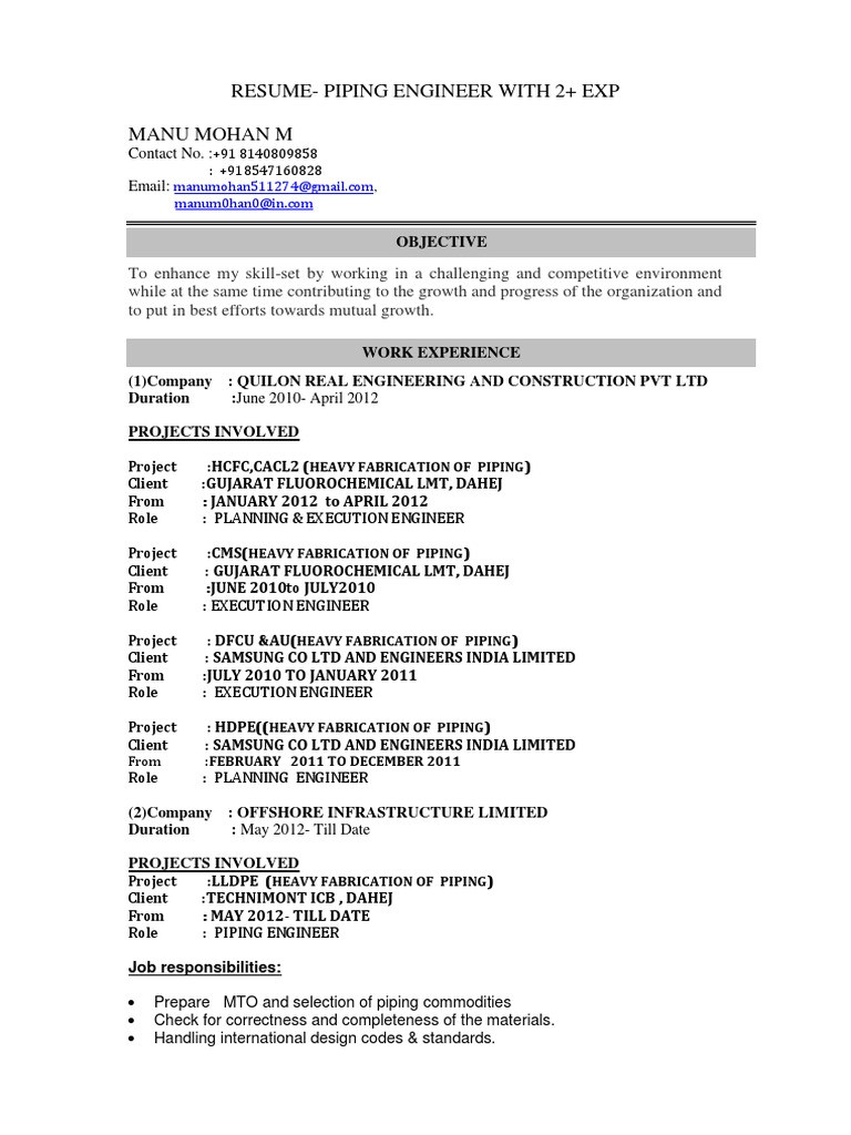 Sample Resume for Piping Design Engineer Piping Stress Engineer Resume Sample October 2021