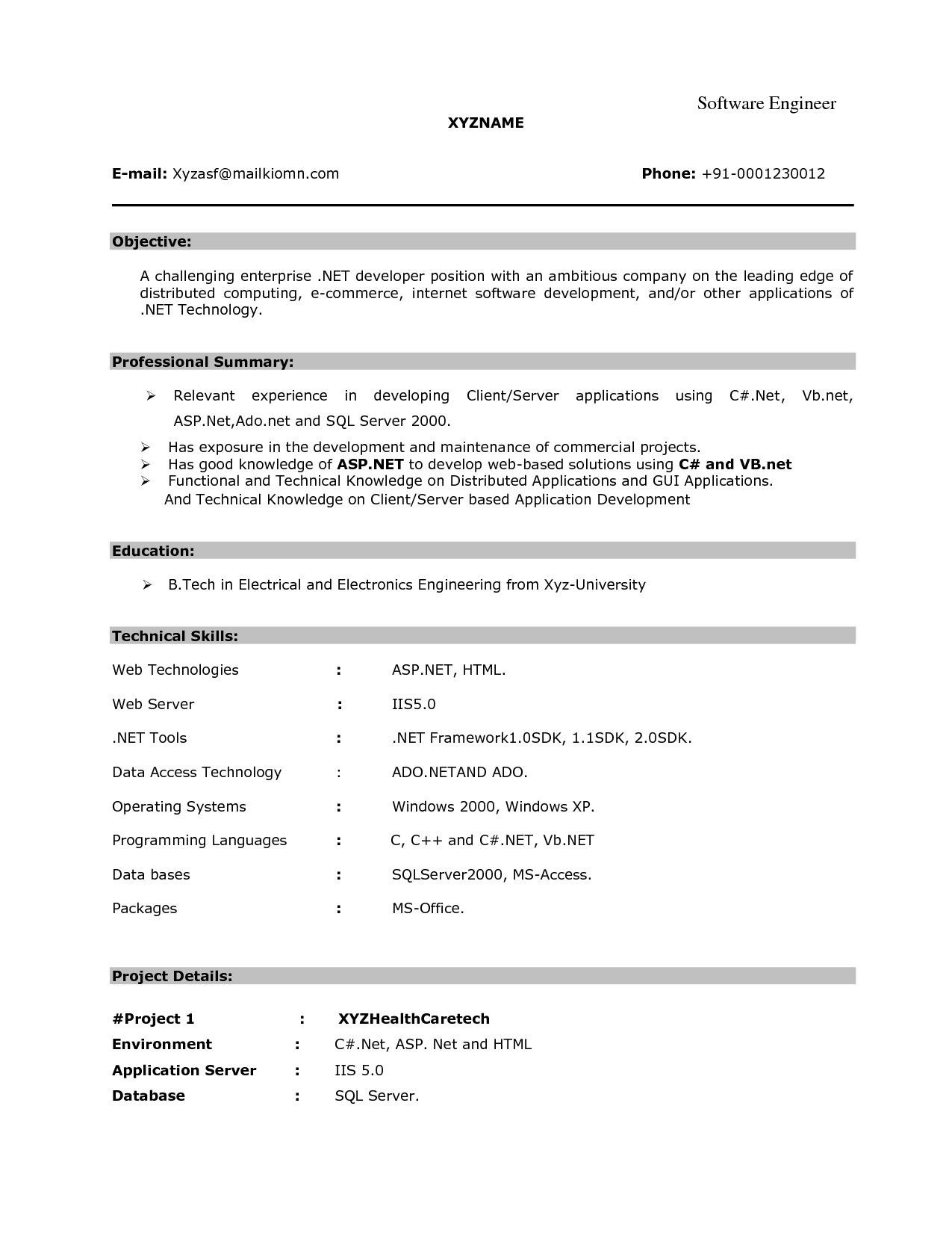 Sample Resume for software Engineer Fresher Resume format for 6 Months Experienced software Engineer – Resume …