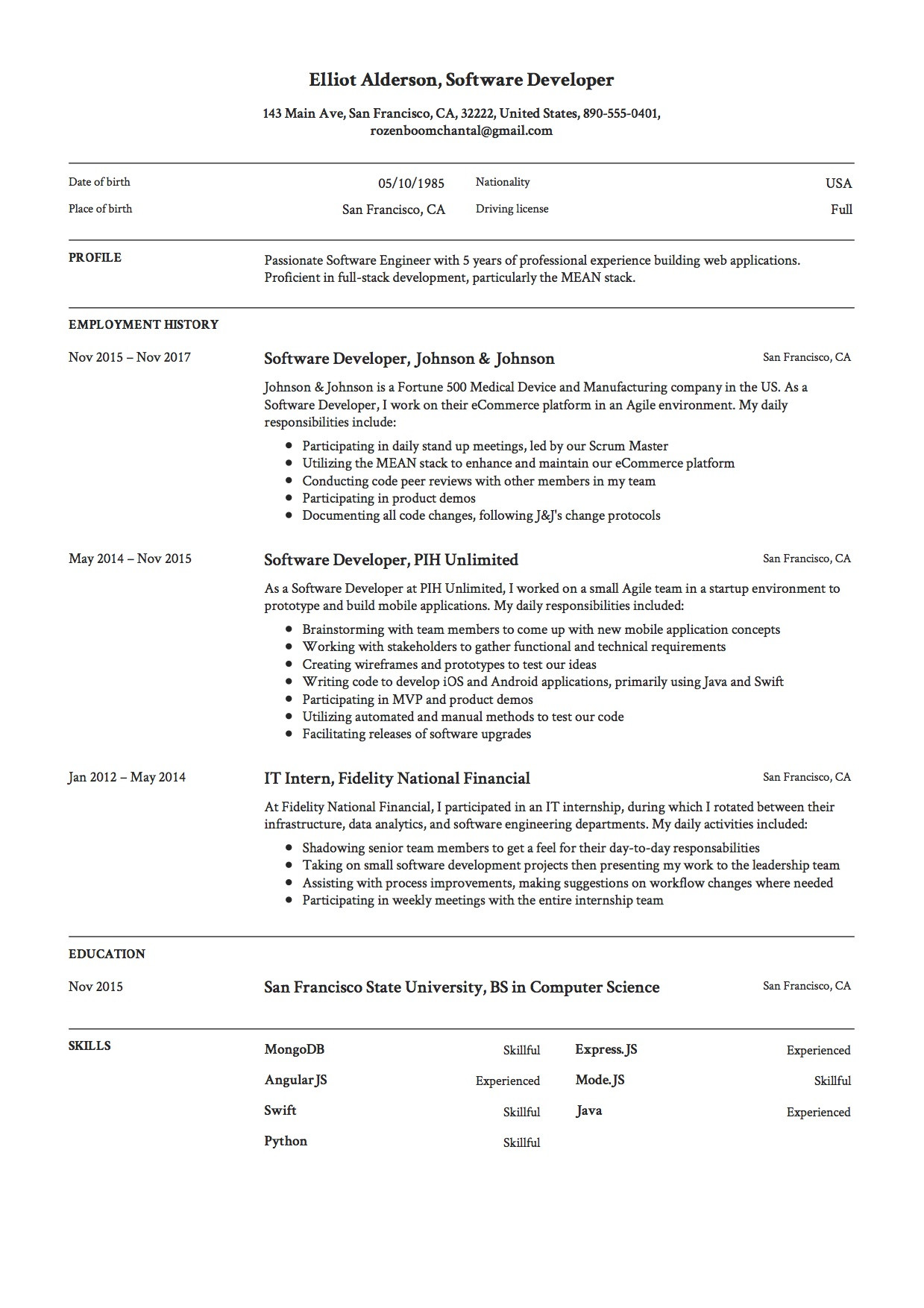 Sample Resume for software Engineer with 4 Years Experience software Engineer Cv Pdf October 2021