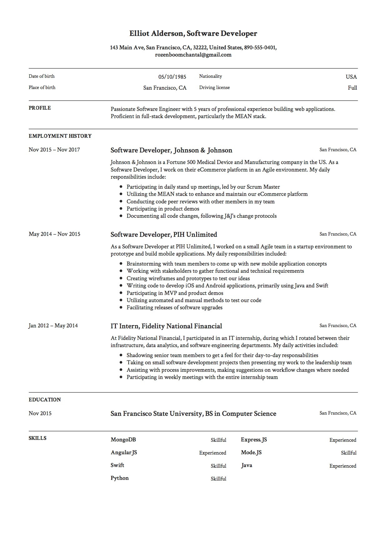 Sample Resume for software Engineer with 4 Years Experience software Engineer Cv Pdf October 2021