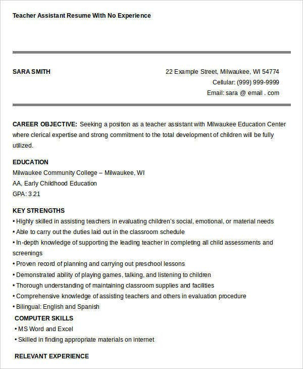 Sample Resume for Teacher assistant with No Experience Free Teacher Resume 40 Free Word Pdf Documents