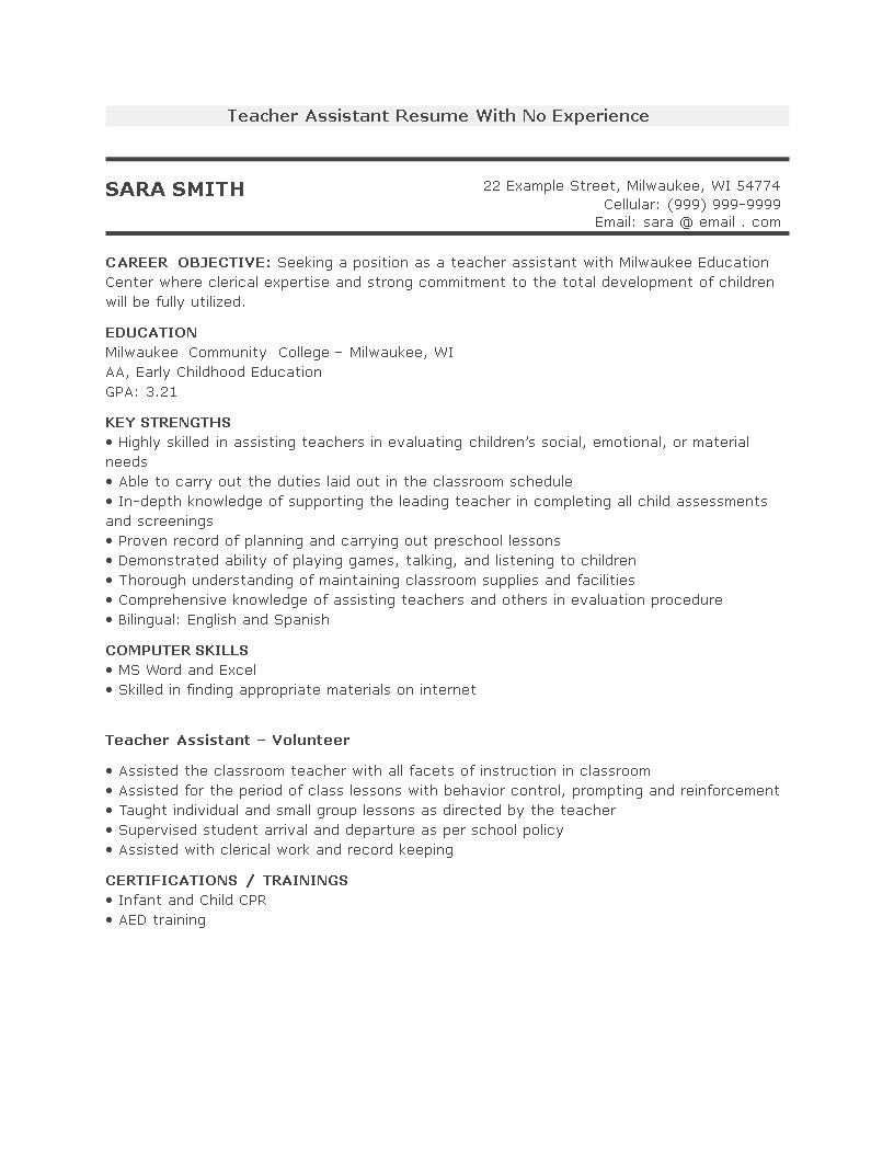 Sample Resume for Teacher assistant with No Experience Teacher assistant Resume with No Experience