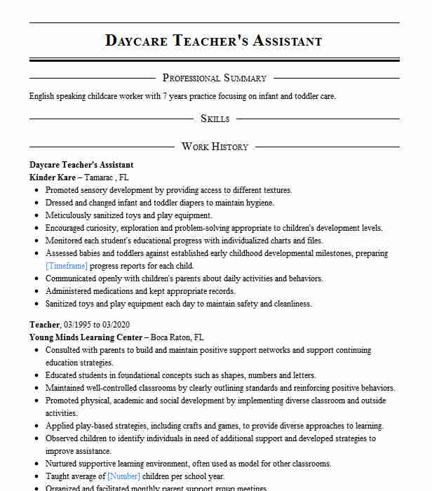 Sample Resume for Teachers assistant In Daycare Center Daycare Teacher S assistant Resume Example the Blue