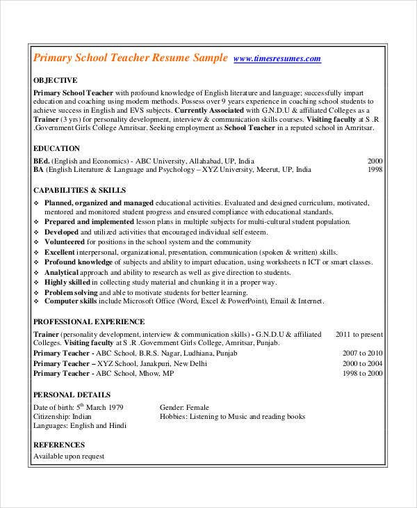Sample Resume for Teachers In India Pdf Resume for Teachers In Indian format Best Resume Examples