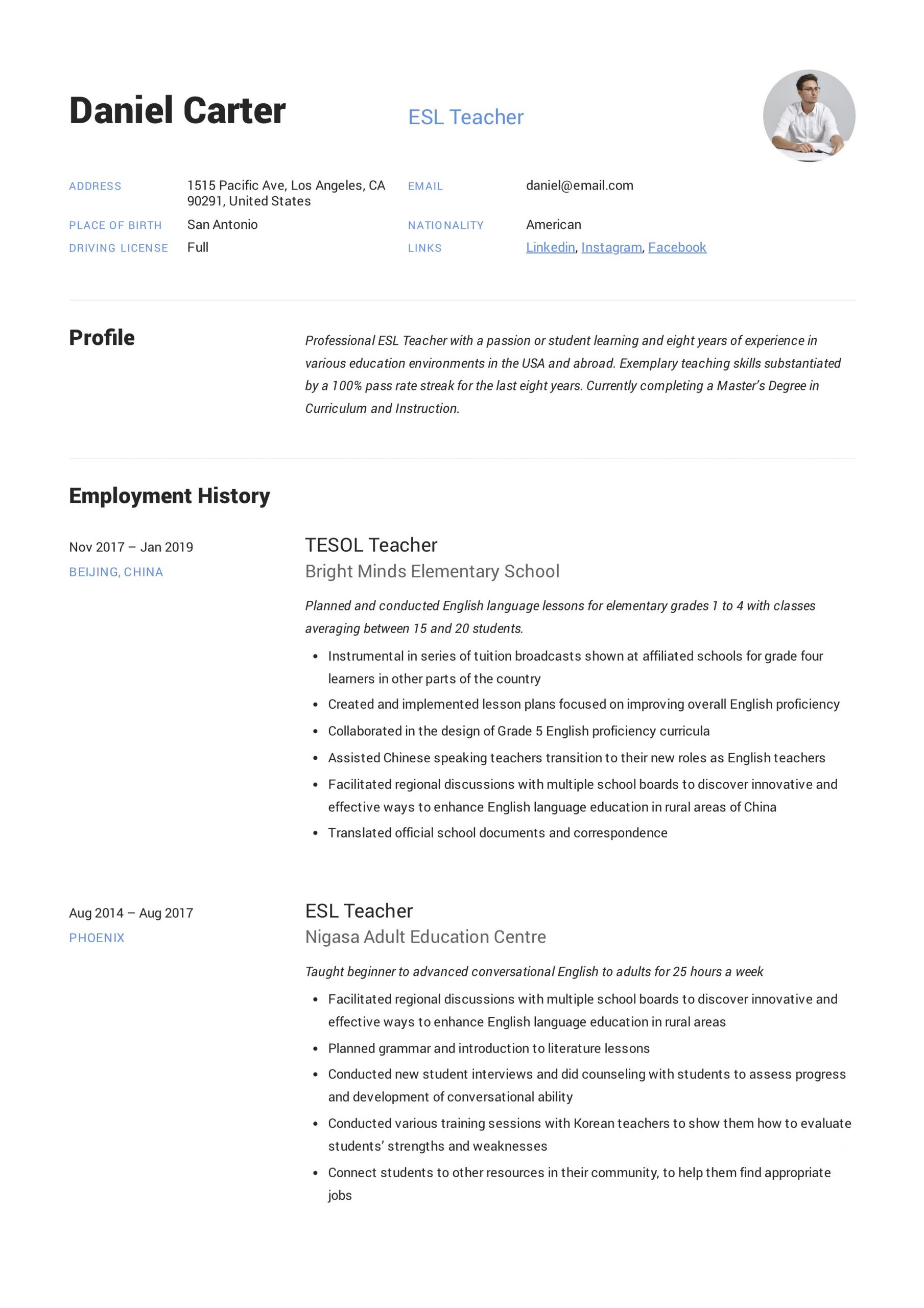 Sample Resume for Teaching Job with Experience 19 Esl Teacher Resume Examples & Writing Guide