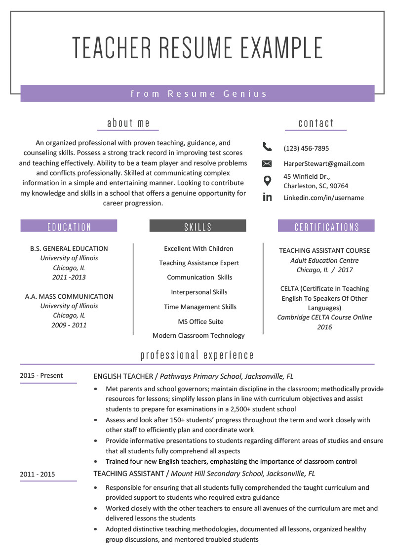 Sample Resume for Teaching Job with Experience Teacher Resume Samples & Writing Guide