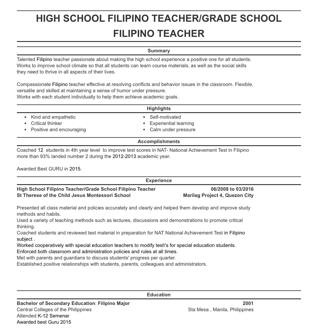 Sample Resume for Teaching Position Philippines Resume Sample for Teachers In the Philippines