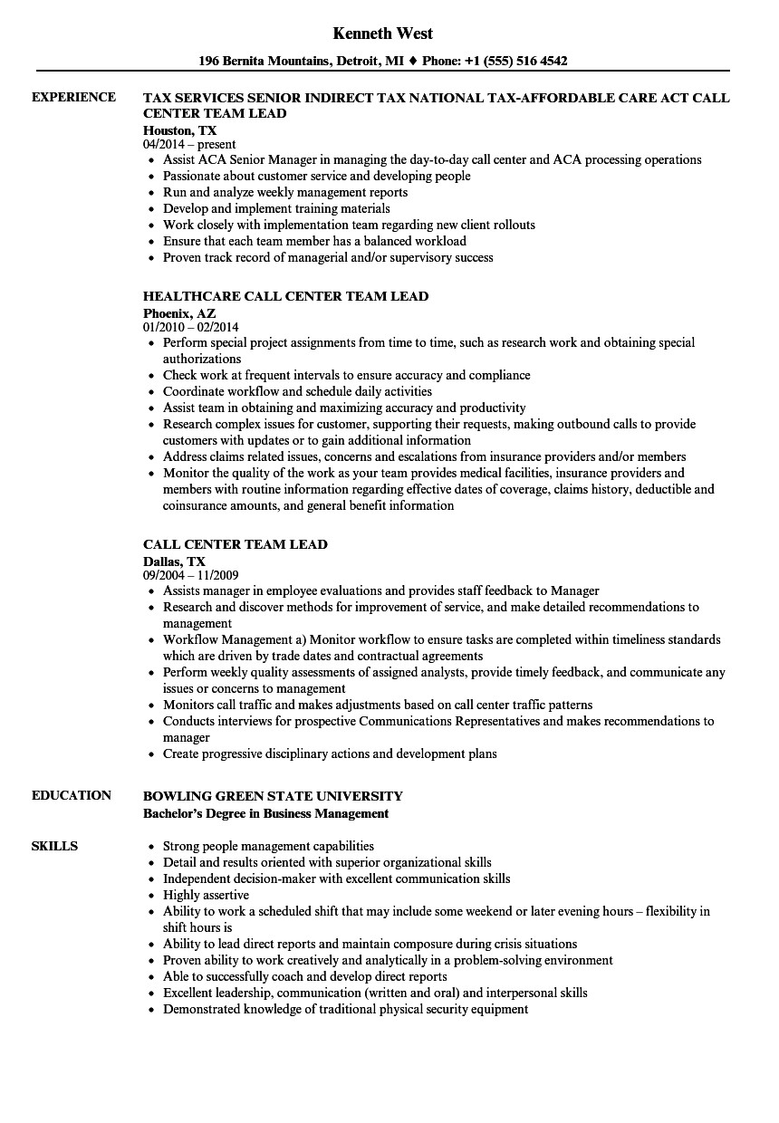 Sample Resume for Team Leader In Call Center Team Lead Job Description – Wanew