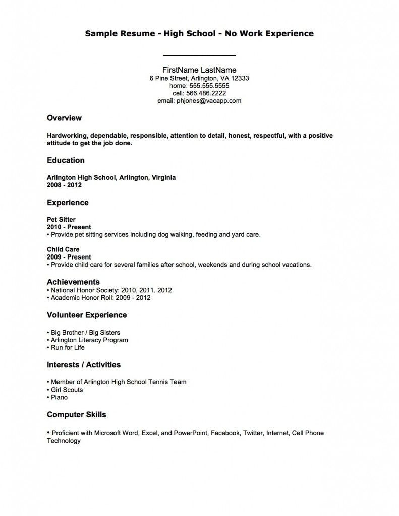 Sample Resume Objectives with No Work Experience Resume Examples Sample Resume High School No Work Experience First …