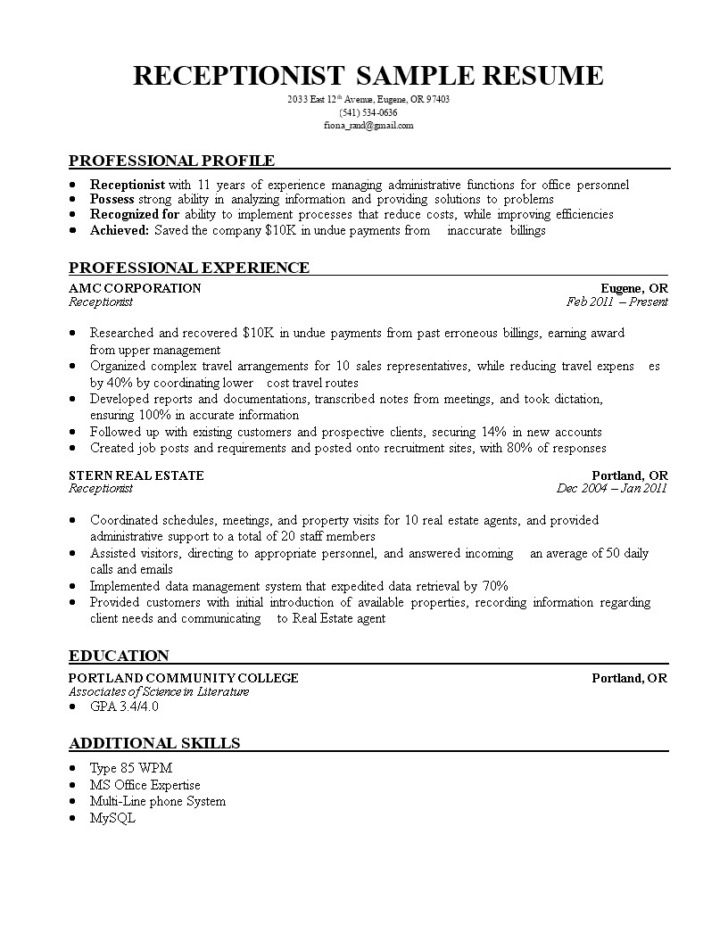 Samples Of Resumes for Receptionist Position Receptionist Resume