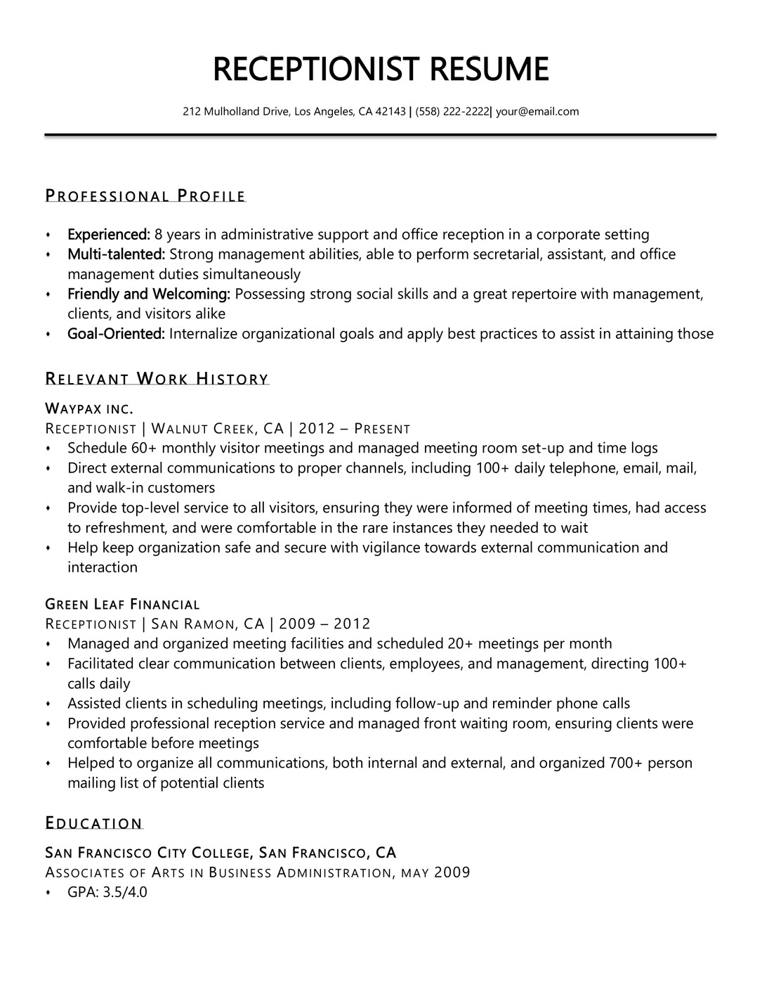 Samples Of Resumes for Receptionist Position Receptionist Resume Sample