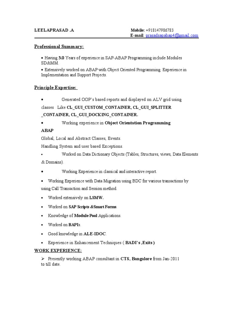 Sap Abap Sample Resume 3 Years Experience Prasad Sap Abap 3 Resume Technology