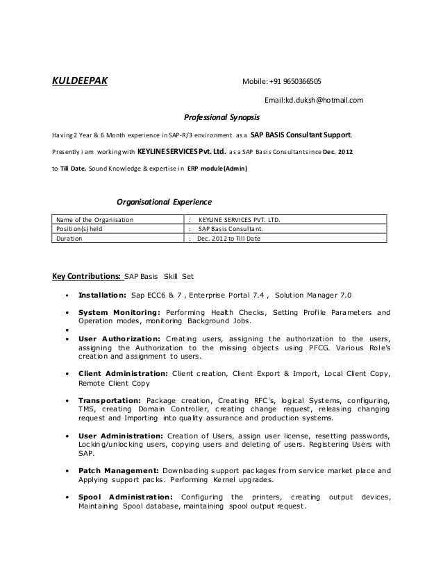 Sap Basis Sample Resume for 3 Years Experience Sap Basis 2 5 Yr Exp Resume