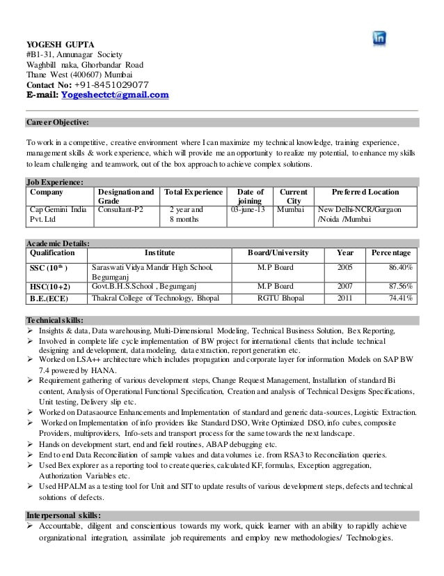 Sap Bi Sample Resume for 2 Years Experience Resume 2 Years Experience Sle – Backup Gambar