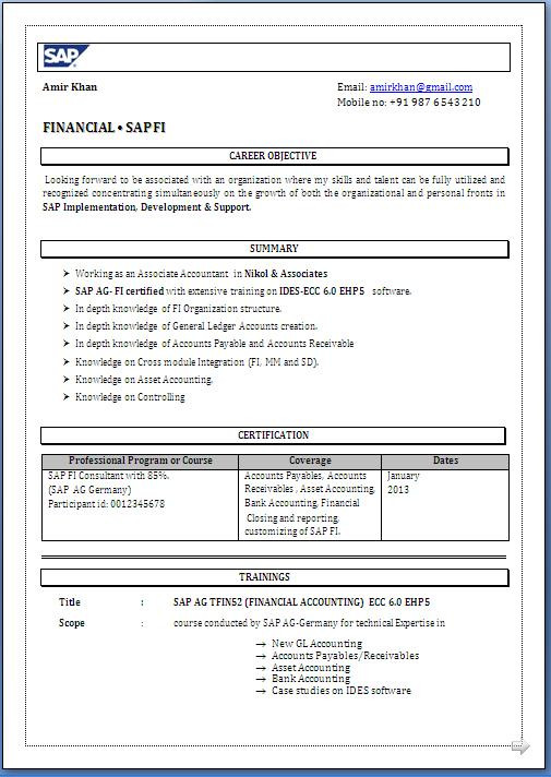 Sap Fico Sample Resume for Experienced Sap Fico Resume format