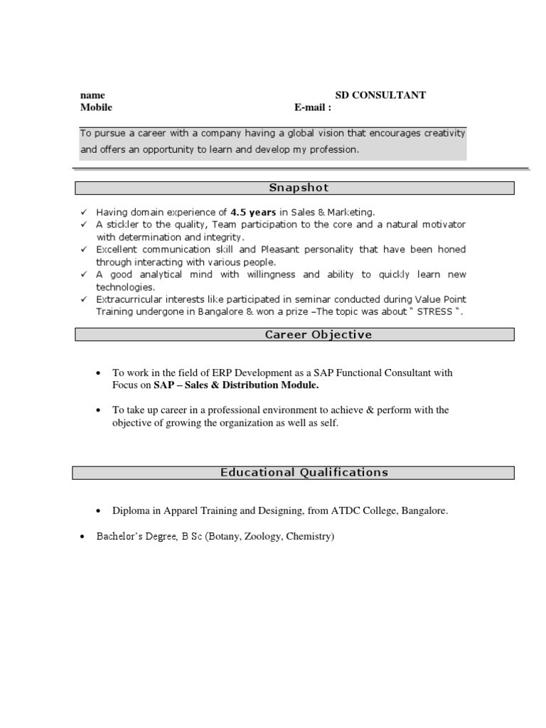 Sap Hcm Resume Samples for Freshers Sap Fresher Resume Sales