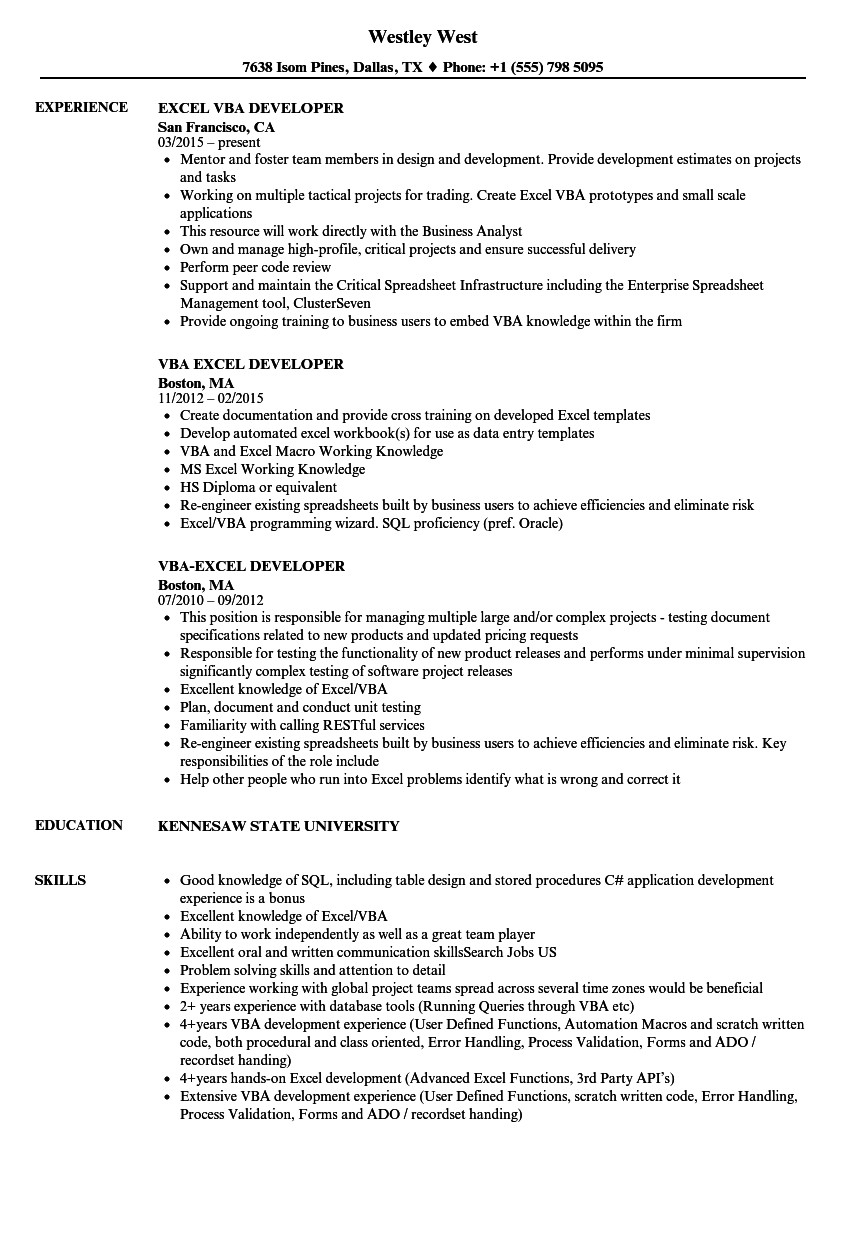 Vba Developer Macros Excel Sample Resume Excel Vba Developer Job Description the Best Developer