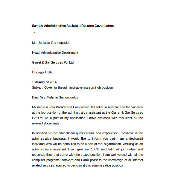 Administrative assistant Resume Cover Letter Sample Free 7 Sample Resume Cover Letter Templates In Pdf