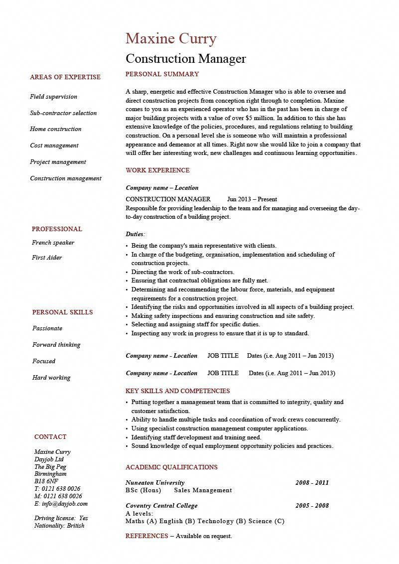 Construction Management Resume Examples and Samples Construction Manager Cv Example, Resume, Template, Building, Pdf …