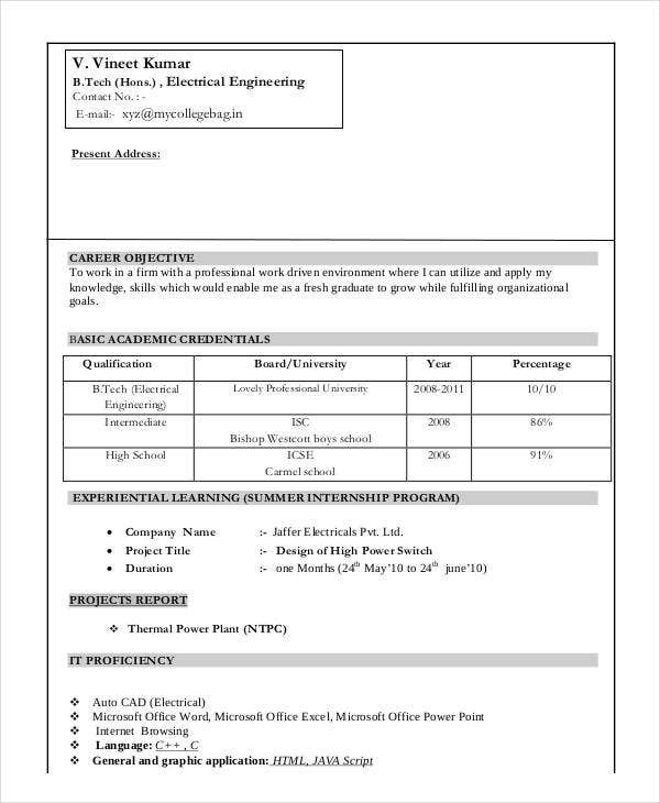 Electronics Engineer Resume Sample for Freshers Pdf 12 Fresher Engineer Resume Templates Pdf Doc