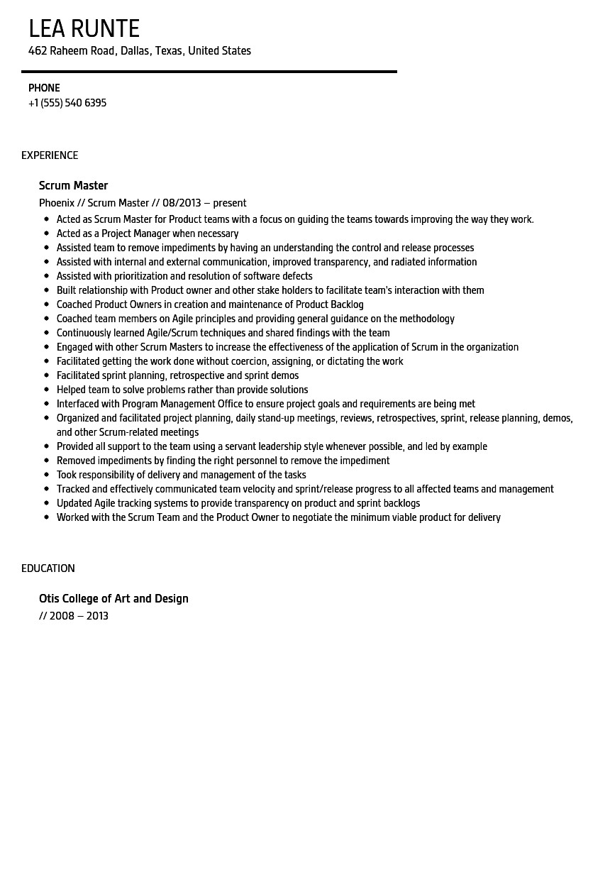 Entry Level Scrum Master Resume Samples Agile Scrum Master Resume Free Resume Templates