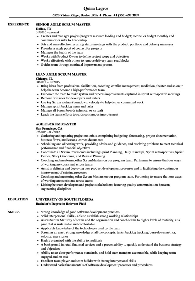 Entry Level Scrum Master Resume Samples Scrum Master Resume Example Resume Sample