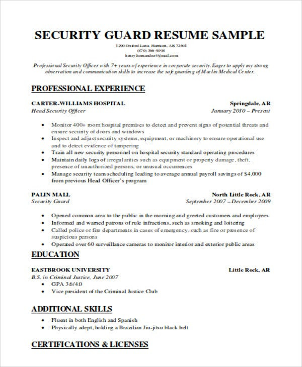 Entry Level Security Guard Resume Sample Security Guard Resumes 10 Free Word Pdf format