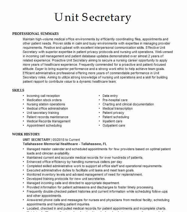 Entry Level Unit Secretary Resume Sample Healthcare Tech Unit Secretary Resume Example atrium