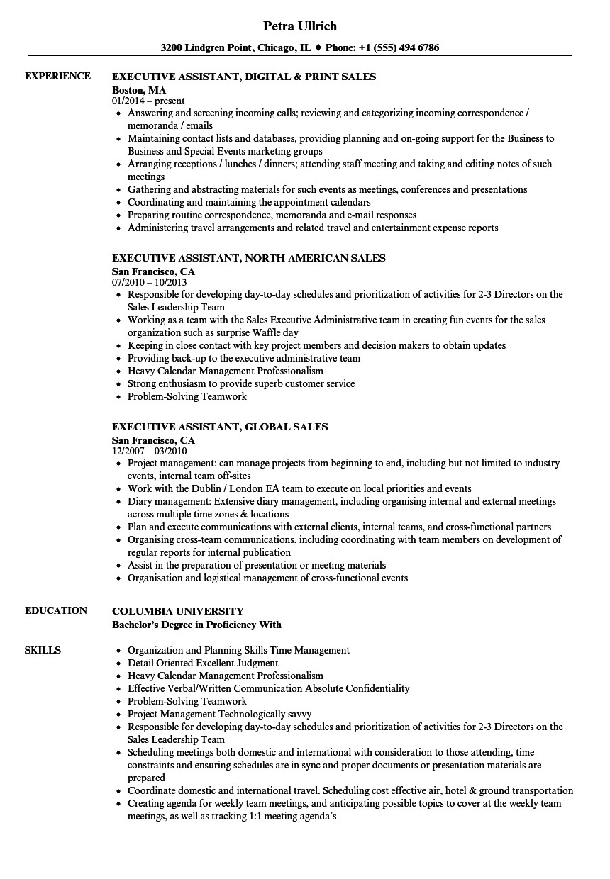 Executive assistant Job Description Resume Sample Executive assistant Resume Sales Executive assistant