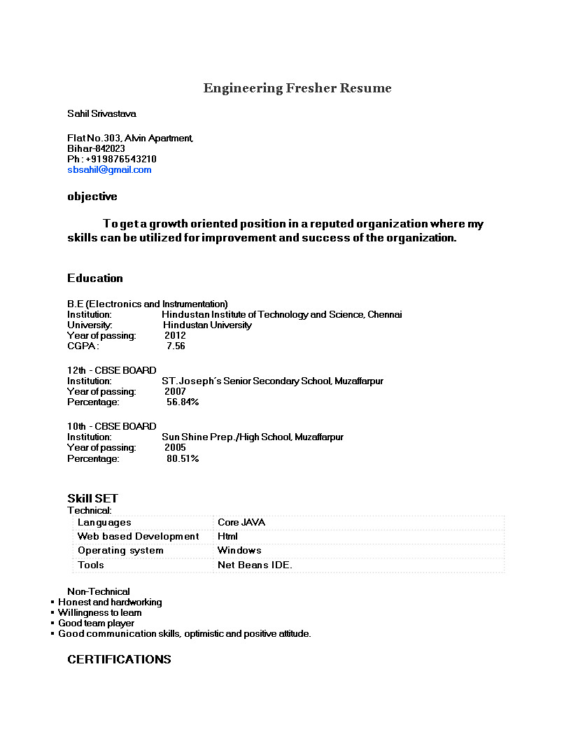 Fresher Resume Samples for Engineering Students Fresher Resume for Engineering Student