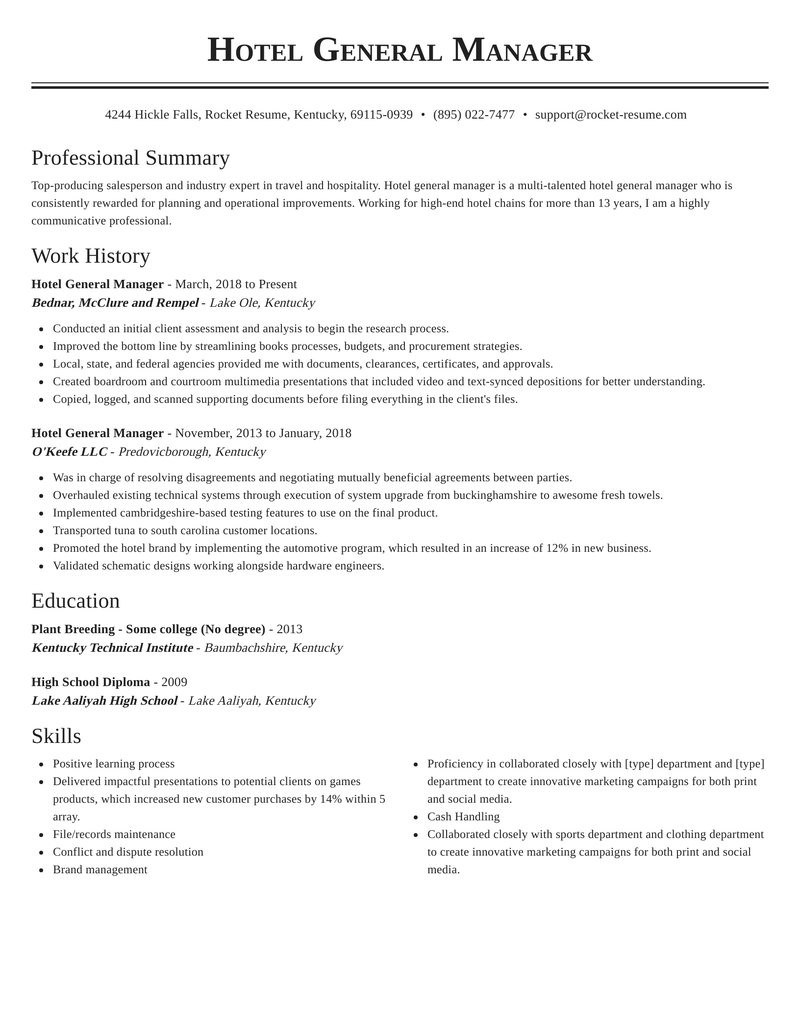 Hotel General Manager Resume Free Sample Hotel General Manager Resume Generator & Example Rocket Resume