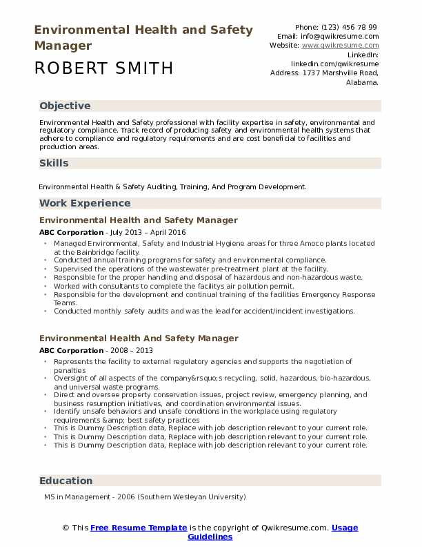 Occupational Health and Safety Officer Resume Samples Environmental Health and Safety Manager Resume Samples