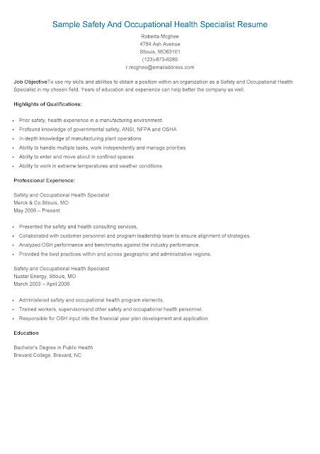 Occupational Health and Safety Resume Sample Resume Samples Sample Safety and Occupational Health Occupational Health and Safety Resume Sample Resume Samples Sample Safety and Occupational Health