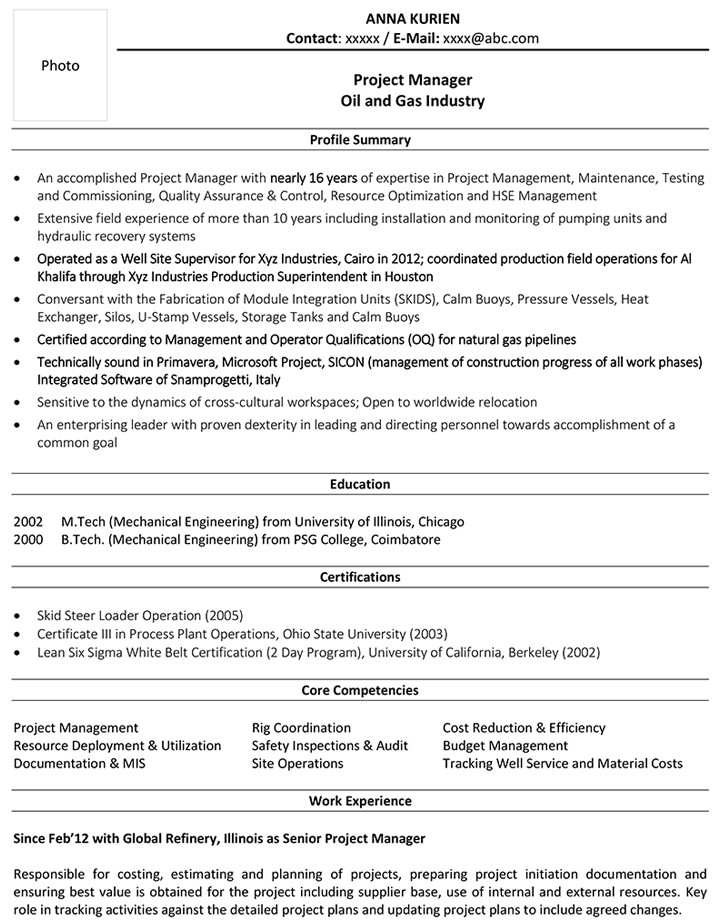 Oil and Gas Project Engineer Resume Sample Project Manager Cv format – Project Manager Resume Sample