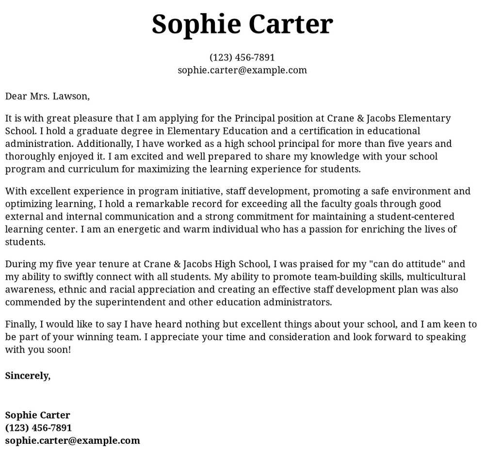 Sample Cover Letter for Resume School Administrator Principal Cover Letter Examples Samples & Templates