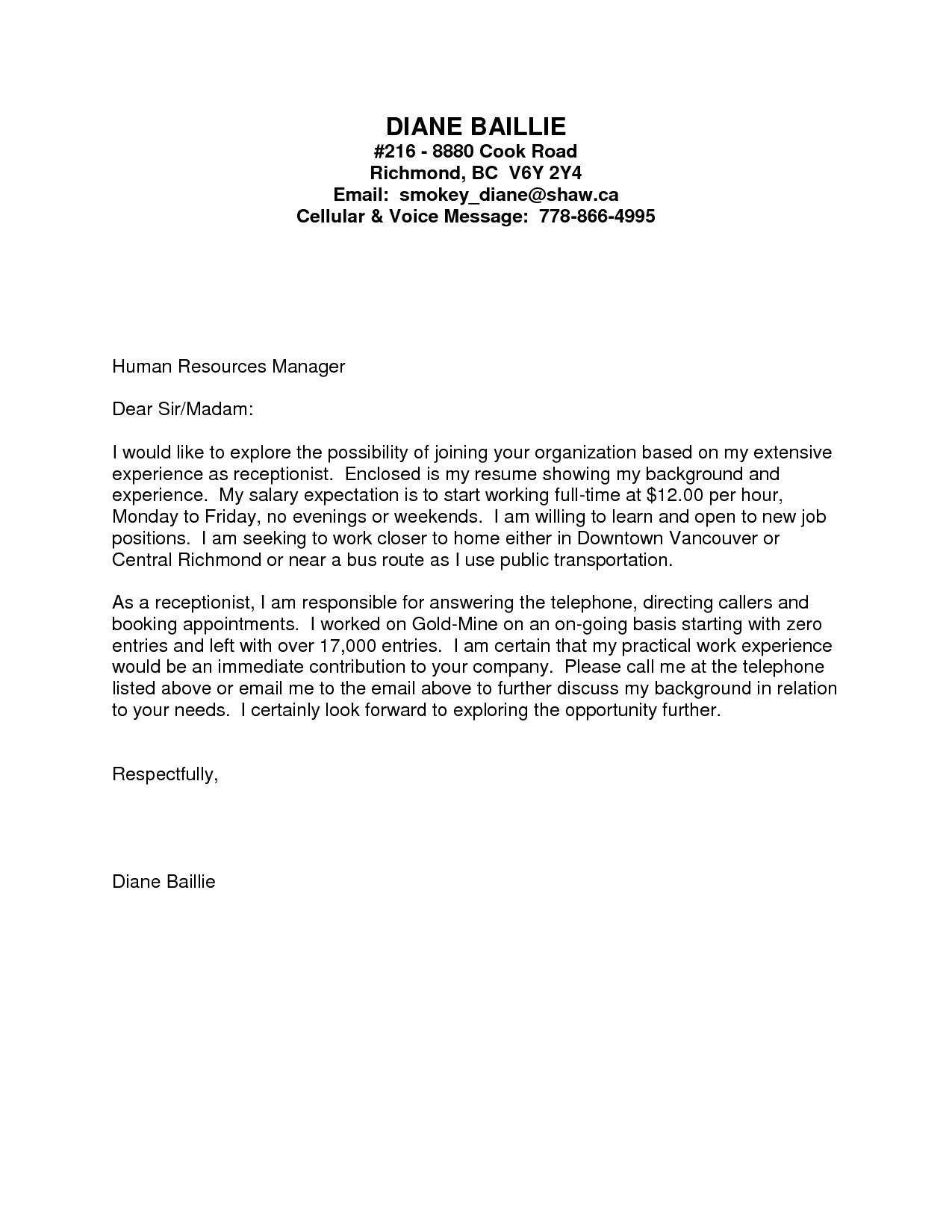 Sample Cover Letter for Resume with No Work Experience Volunteer Cover Letter No Experience – Printable Receipt